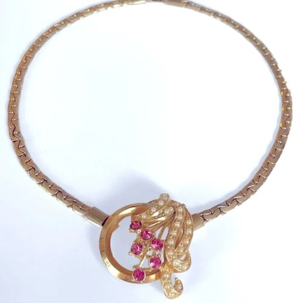 Vintage Pink Rhinestone & Pearl Gold Collar Necklace
